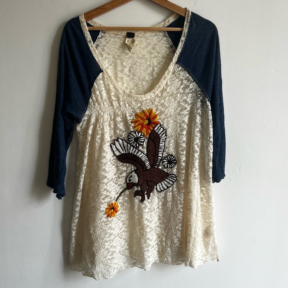 Vintage We The Free Free People Lace Embroidered Raglan Tee Size Large